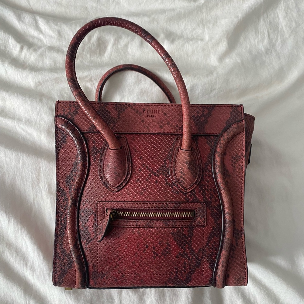 Céline Authentic Celine Burgundy Python Micro Luggage Tote Bag Red